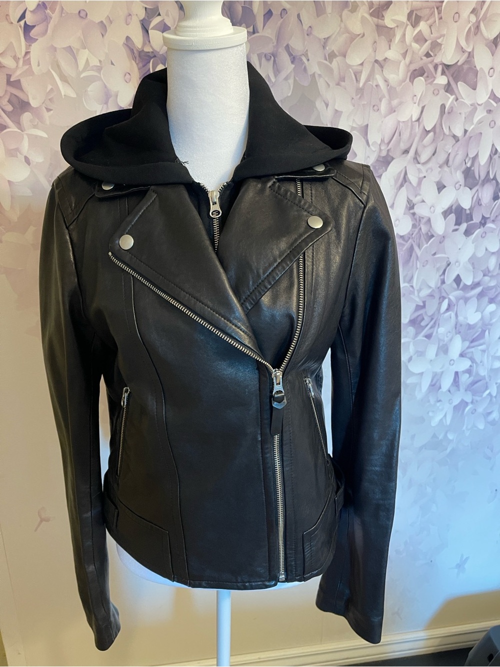 Mackage Black Leather Moto Jacket with Attached Black Hood .Size S